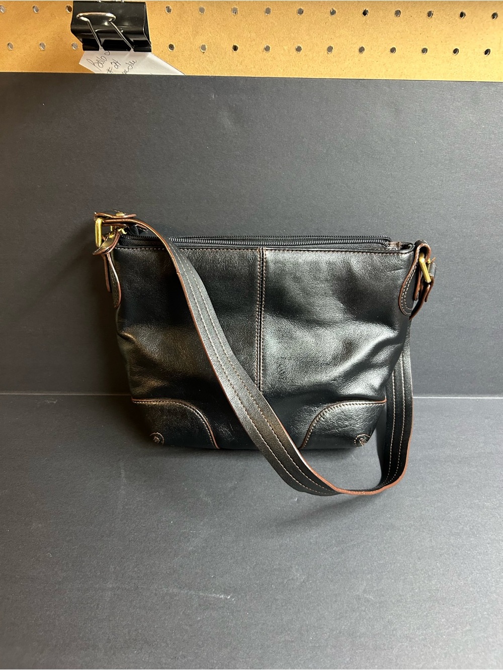 Etienne Aigner Black Leather Hobo Shoulder Bag with Gold Hardware & Brown Trim - Picture 2 of 11
